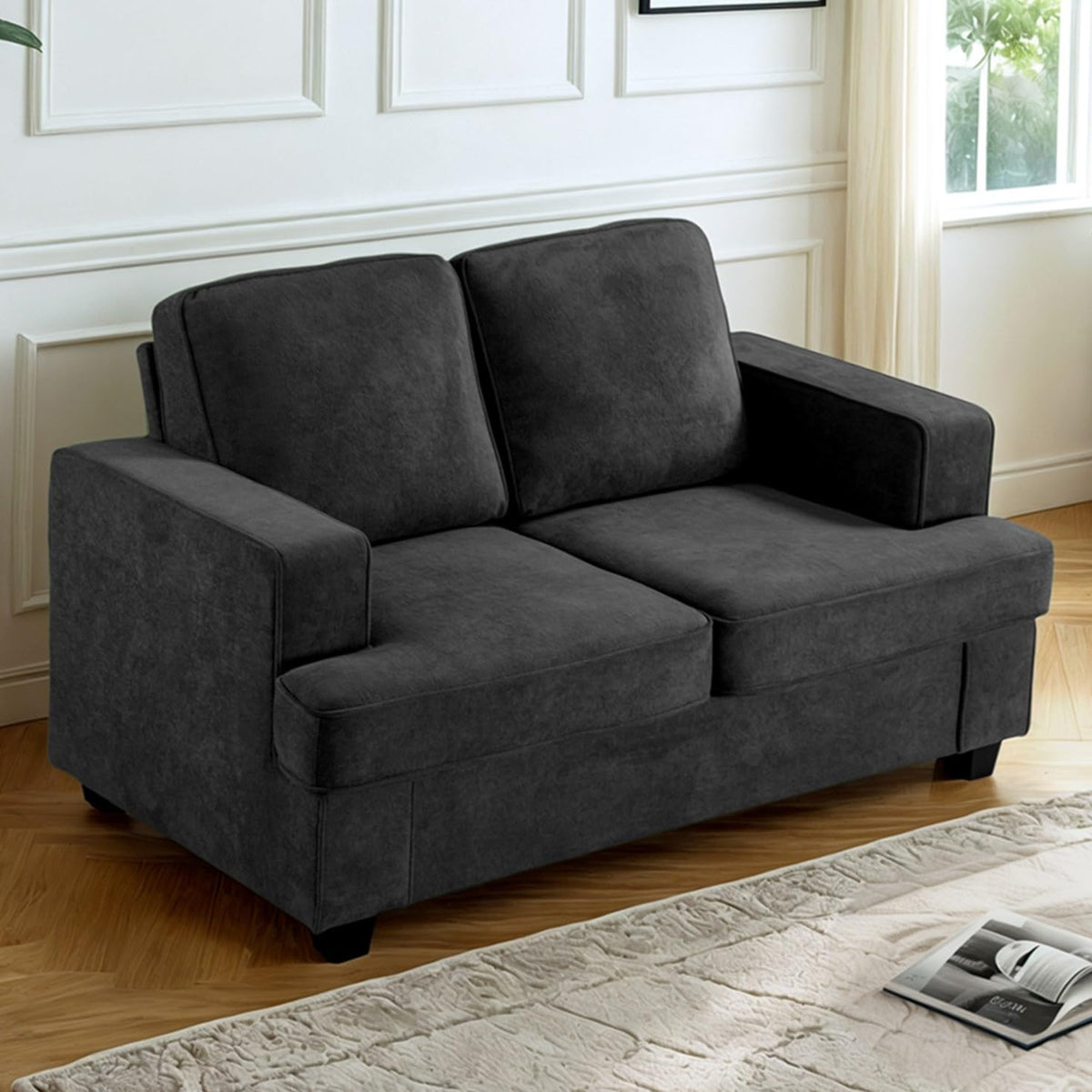 Velvet Loveseat, Comfortable 2 Seater Couch with Deep Seating and High Density Foam, Loose Back Cushions, Wide Arms, Livingfor Home, Apartment, Office, Black