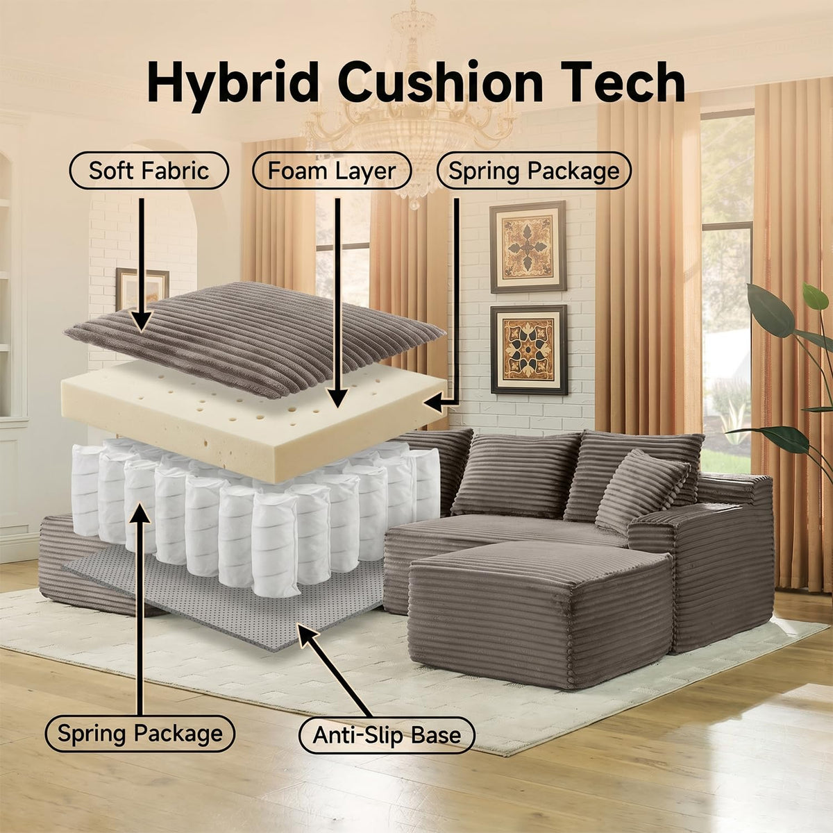 115" Modular Sectional Sofa, Corduroy U-Shaped Cloud Couch with Chaise ‌and Ottoman‌, No Assembly Boneless Couches for Living Room, Brown
