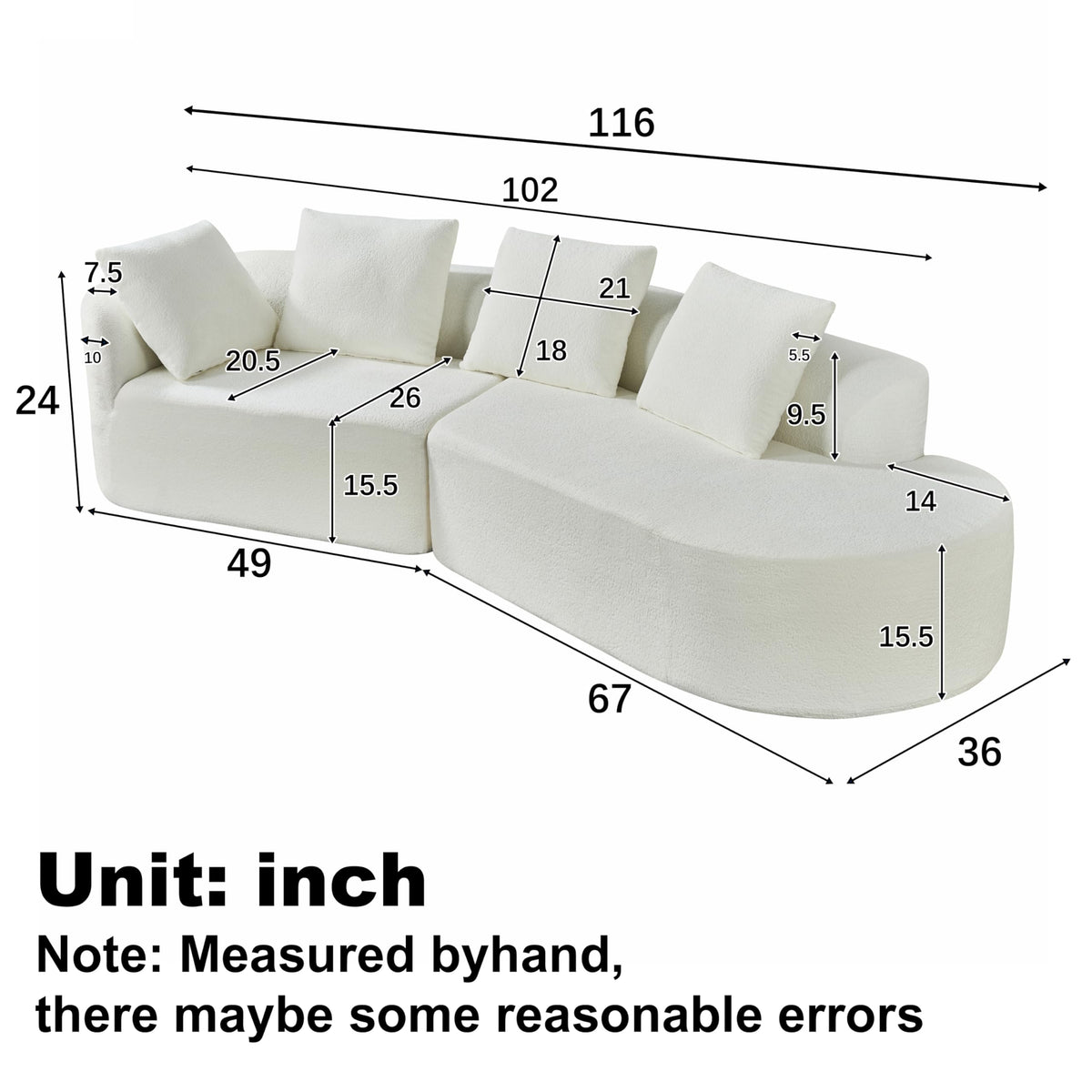 116" Curved Sectional Sofa with High Density Fully Compressed Sponge and Chaise Lounge, Pearl Upholstery, 2 Set, Fully Assembled Right Hand Facing, Perfect for Living Room, Lounge