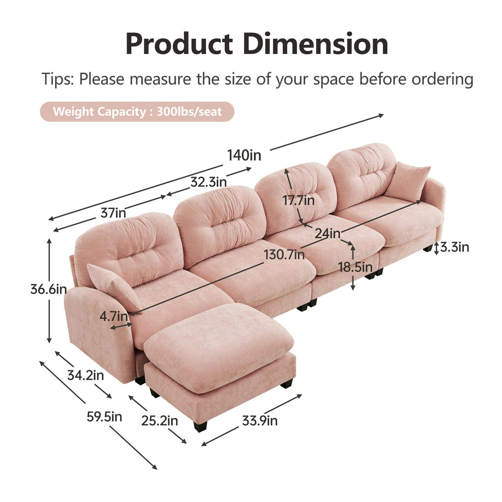 107" L Shaped Couch, Chenille Upholstered Modular Sectional Sofa, 3 Seater Deep Seat Sofa with Movable Ottoman, Modern Cloud Couch with Thick Seat Cushion, Sectional Couches for Living Room, Pink