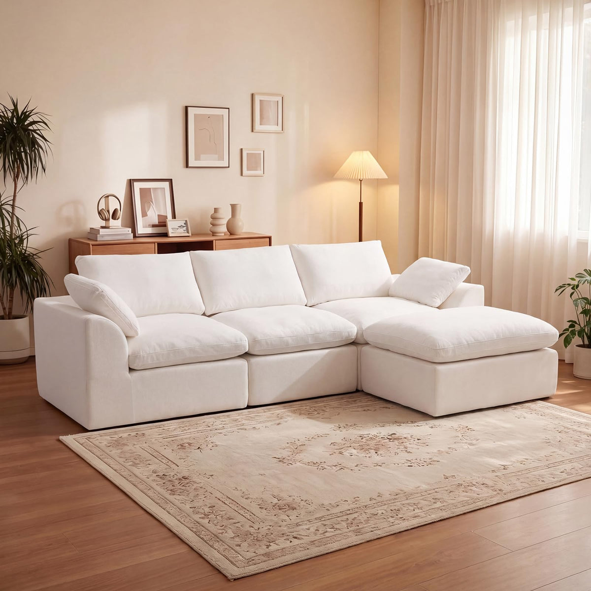 108" Boneless Cloud Couch, Modular L-Shaped Sectional with Ottoman, Beige