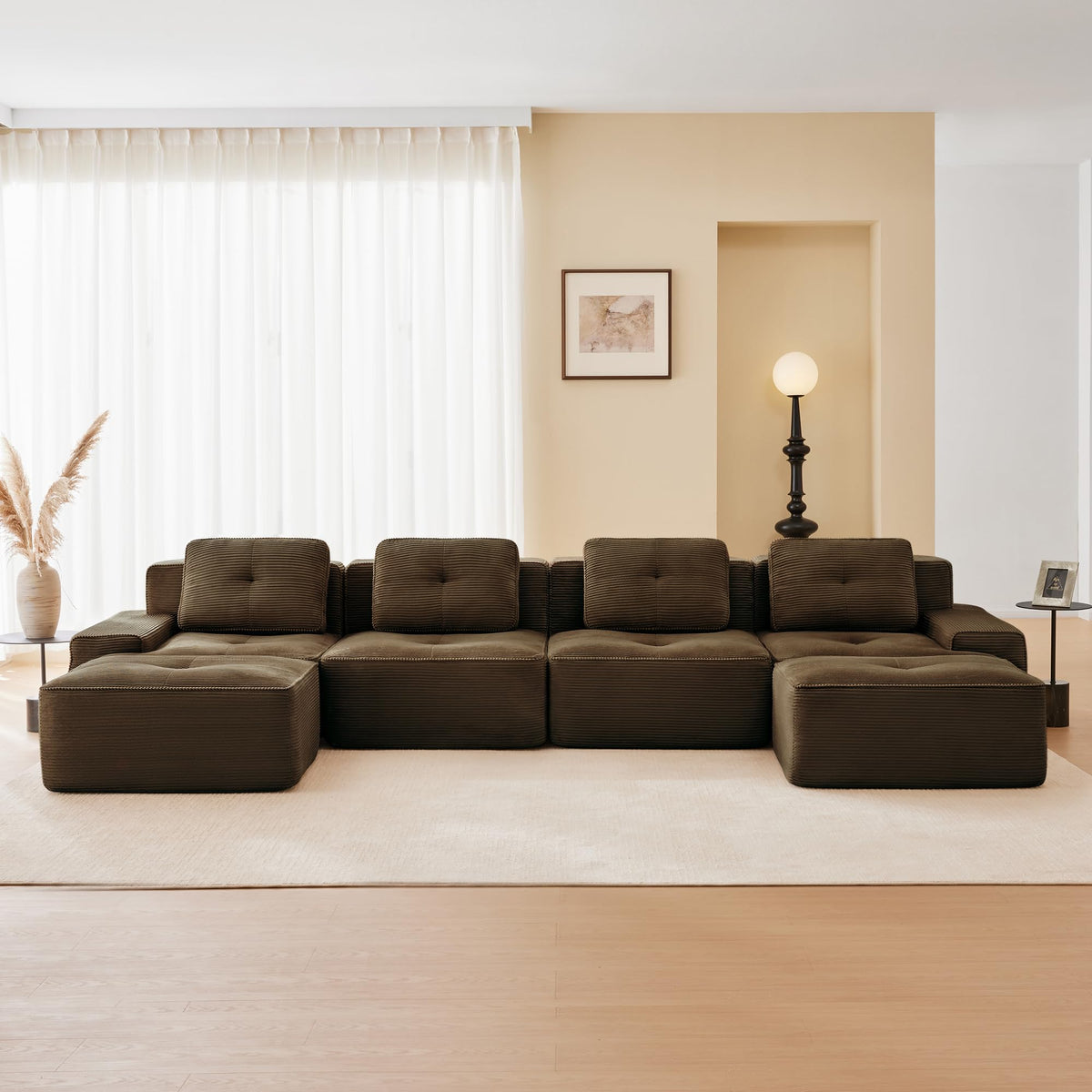 115.3” Camel Boneless Couches for Living Room, Modular Sectional Sofa with L-Shape Chaise, 3 Seater Comfy Upholstered Deep Seat Corduroy Fabric Cloud Couch No Assembly, Anti-Slip Design