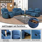 Bonded Leather Living Room Furniture Set Reclining Sofa Set Loveseat Furniture Sets in Living Room Sofa Recliners (3 Pieces, Blue Microfiber)