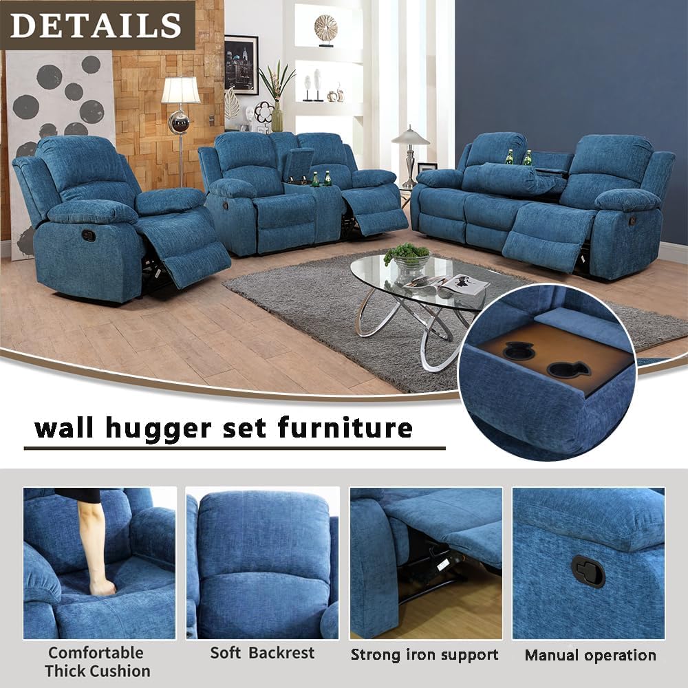 Bonded Leather Living Room Furniture Set Reclining Sofa Set Loveseat Furniture Sets in Living Room Sofa Recliners (3 Pieces, Blue Microfiber)