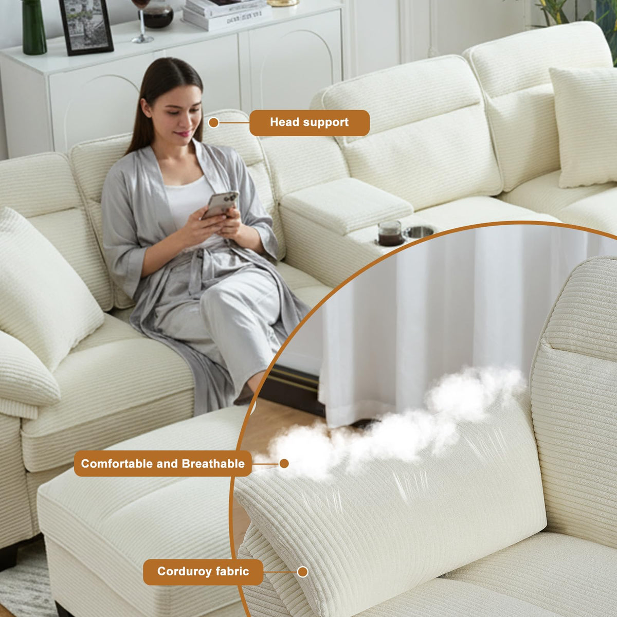 116 Inch Sofa Couch,Sectional Couches for Living Room with 2 Cup Holders,Corduroy Modular Sectional Sofa with Movable and Storable Ottoman.（Beige）