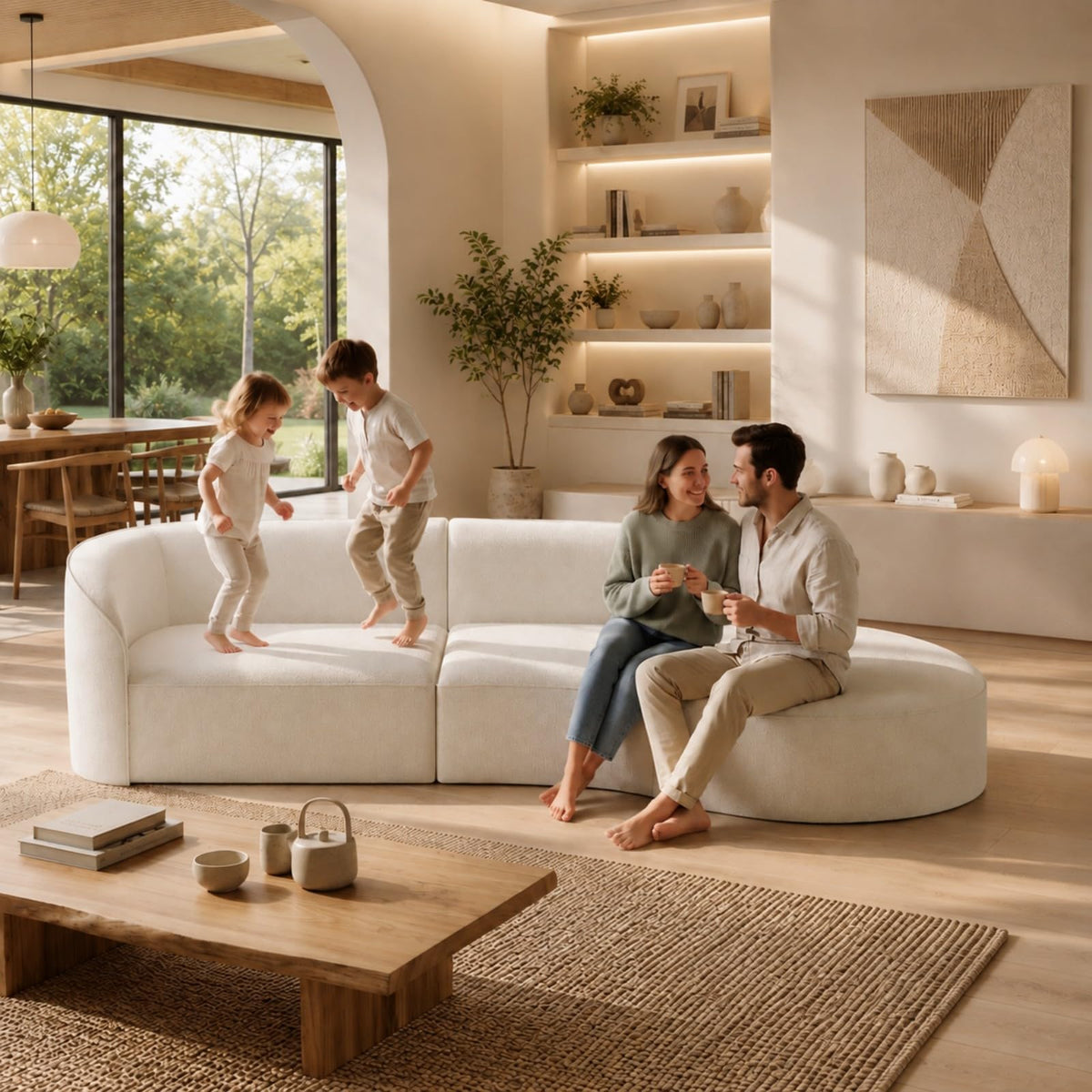 133.8" Oversized Curved Sectional Sofa, Ivory White, Left Chaise