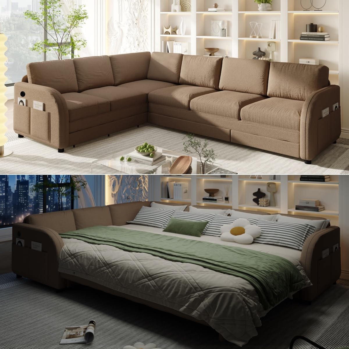 118" L-Shaped Sectional Sleeper Sofa Bed with Pull Out Couch, Dark Grey