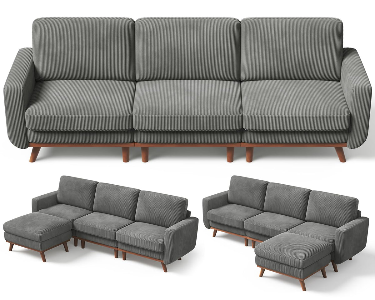 Vesgantti L-Shaped Modern Sofa, Modular Sectional Cloud Couch with Ottoman, Comfy Corduroy Deep Seat Sofa for Living Room, Bedroom and Apartment, Dark Gray