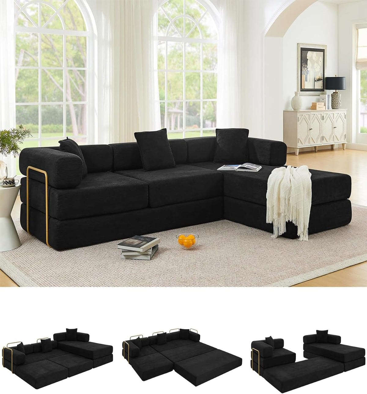 108" Convertible Folding Sofa Bed, L Shaped Modular Sectional Couchs with Fixed-Shape Frame, Corduroy Boneless Couch Bed, Cloud Mattress Sofa Sleeper Couch for Living Room (Beige, 108" W)