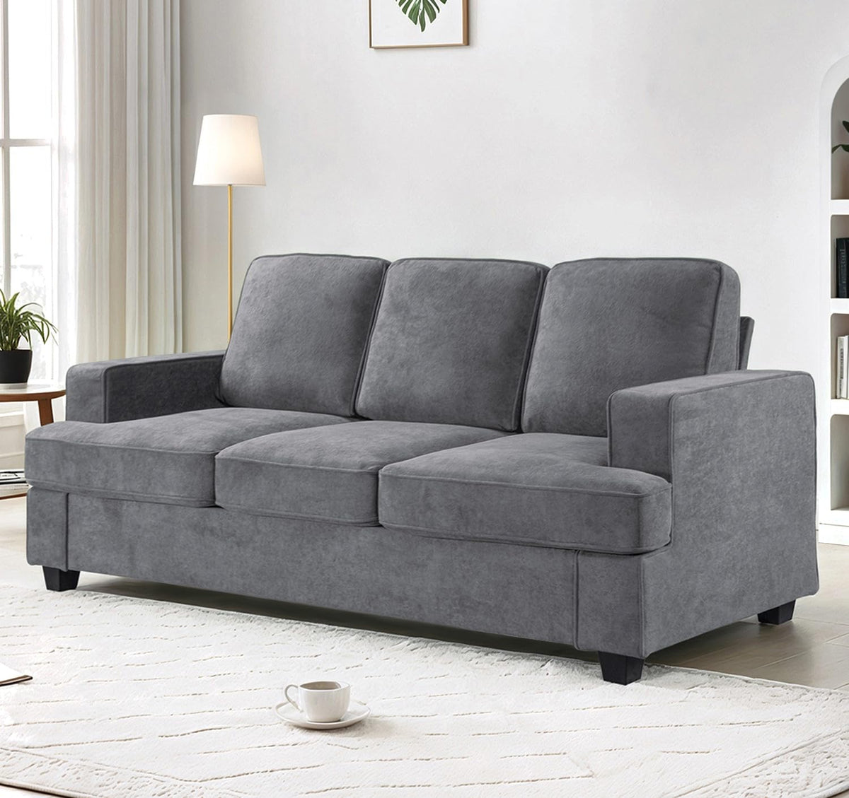 Velvet Sofa, Comfortable 3 Seater Couch with Deep Seating and High Density Foam, Loose Back Cushions, Wide Arms, Livingfor Home, Apartment, Office, Grey EY632