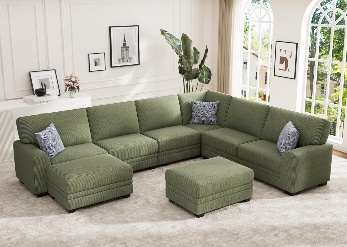 Wanderwell Oversized Modular Sectional Sofa, 6-Seater U Shaped Couches with Movable Ottoman,Corduroy Sectional Couch with Wide and Deep Seats Suitable for Living Room,Bedroom,Apartment (Olive, L-7)