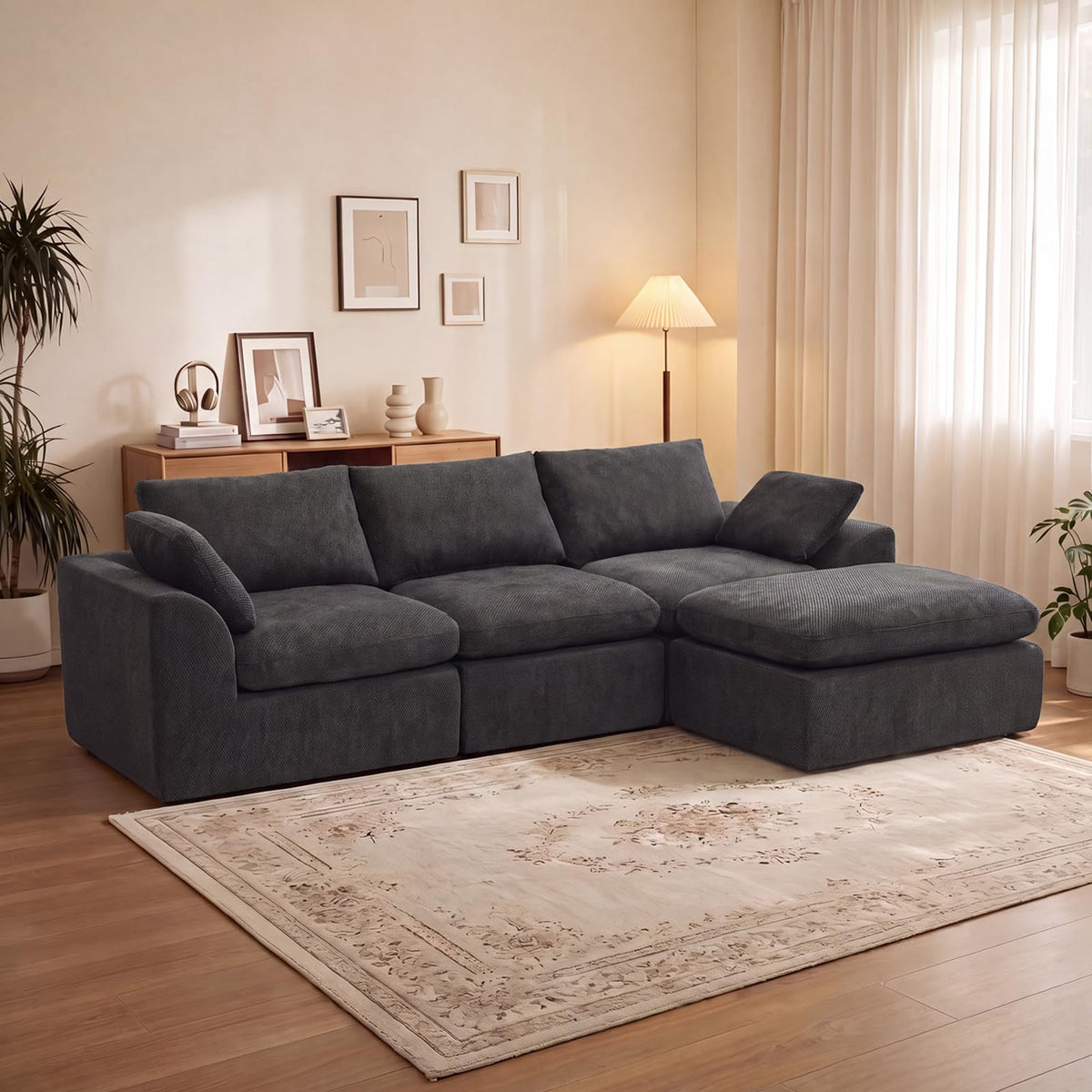 108" Boneless Cloud Couch, Modular L-Shaped Sectional with Ottoman, Beige