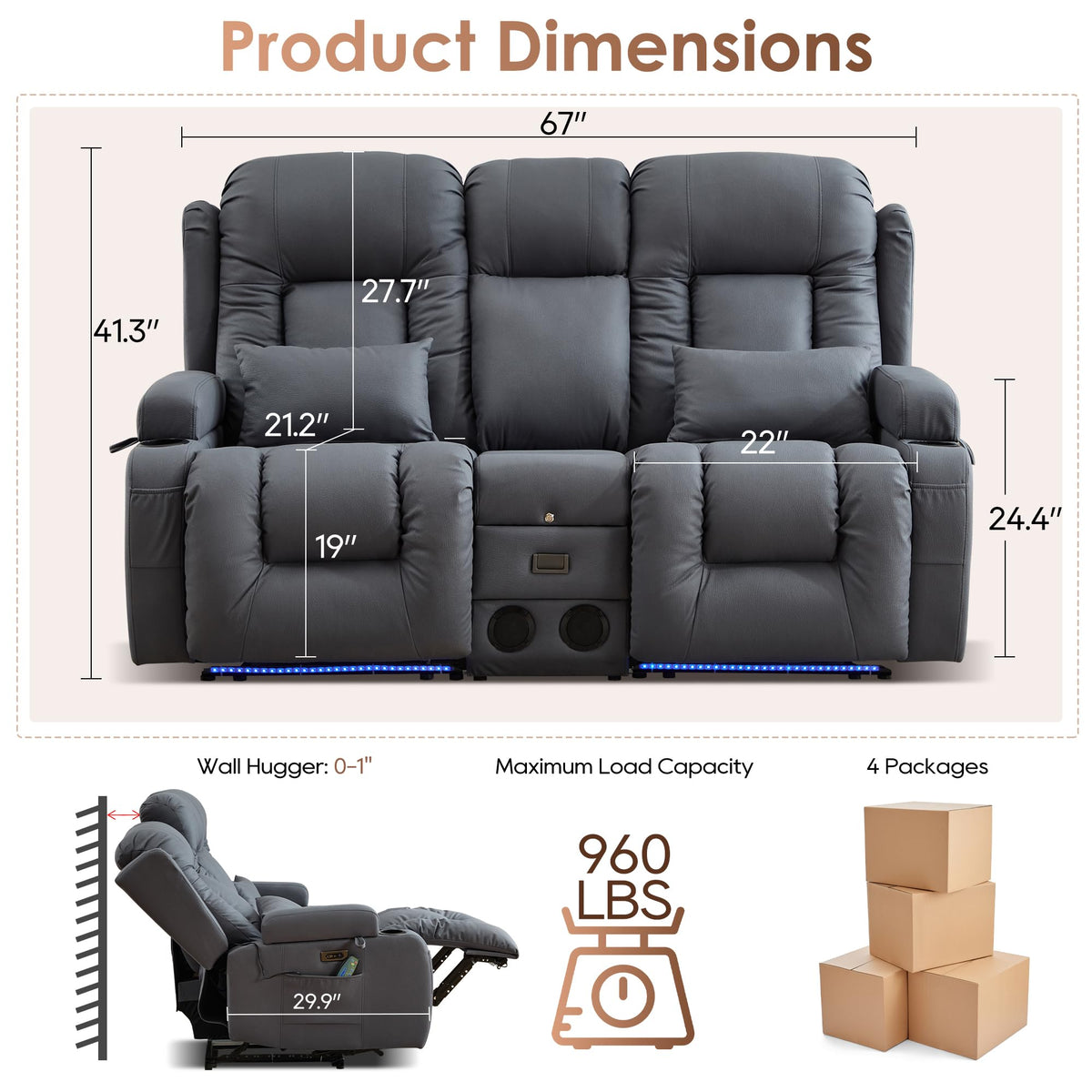 TUNYI Wall Hugger Home Theater Seating, Power Loveseat Recliner Sofa