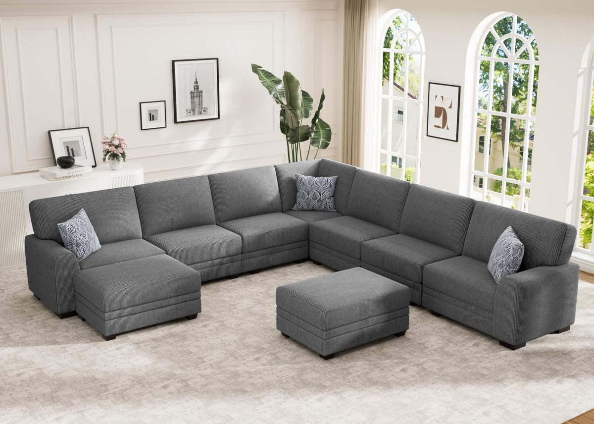 Wanderwell Oversized Modular Sectional Sofa, 6-Seater U Shaped Couches with Movable Ottoman,Corduroy Sectional Couch with Wide and Deep Seats Suitable for Living Room,Bedroom,Apartment (Olive, L-7)
