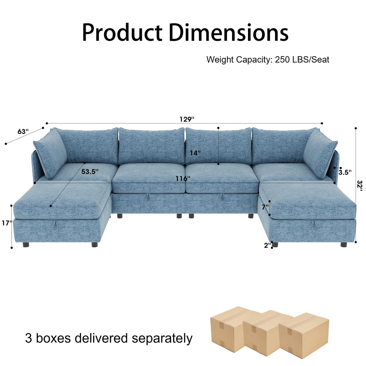 129” Modular Sectional Sofa, Convertible 6 Person U Shaped Couch with Storage, 2 Removable Ottomans & Deep Seats, Memory Foam, Comfy Modular Couch for Living Room (Antique Blue, 6 Seat)