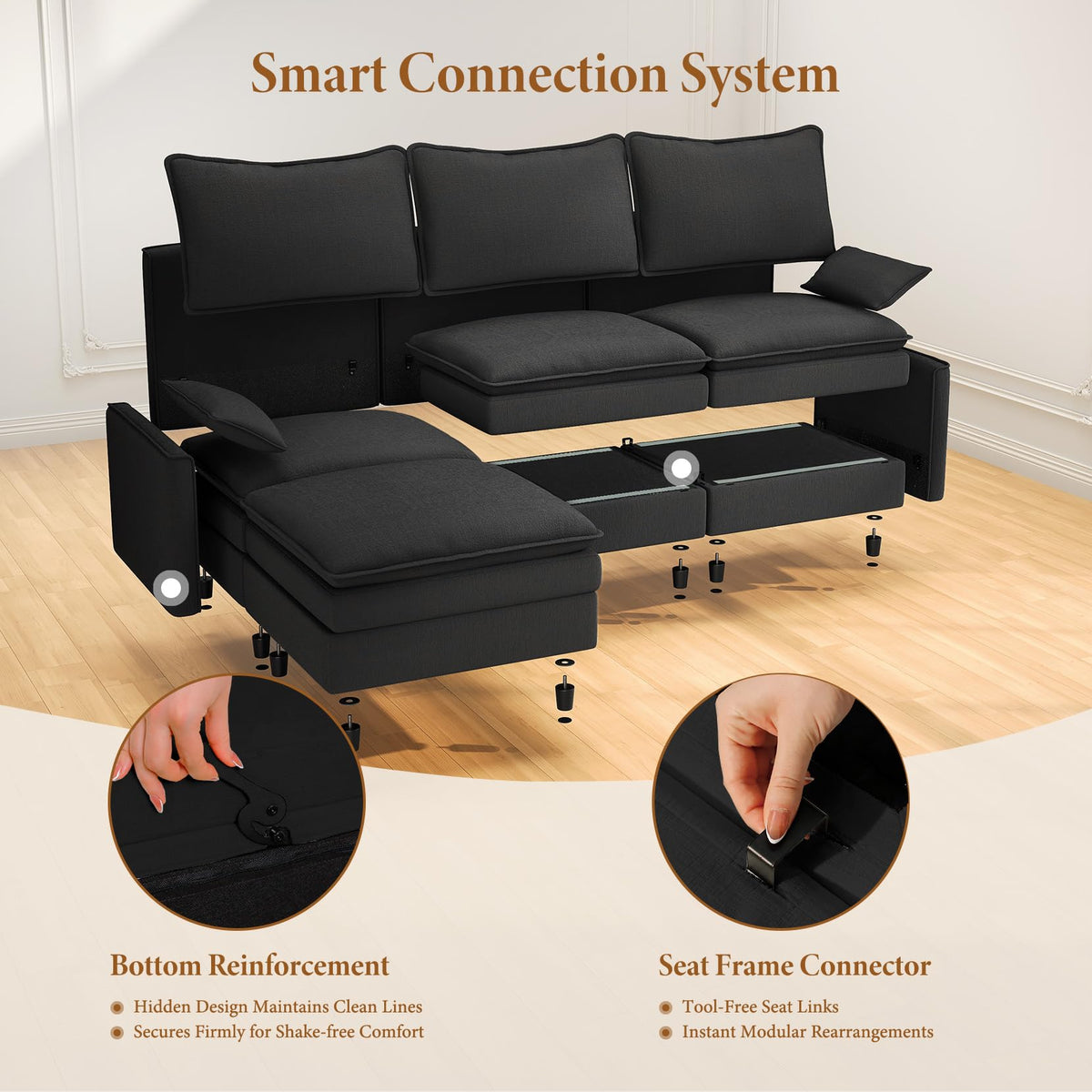 Vesgantti 101" V-Shaped Cloud Sofa Sectional, 7 Seat Corner Couch, Black