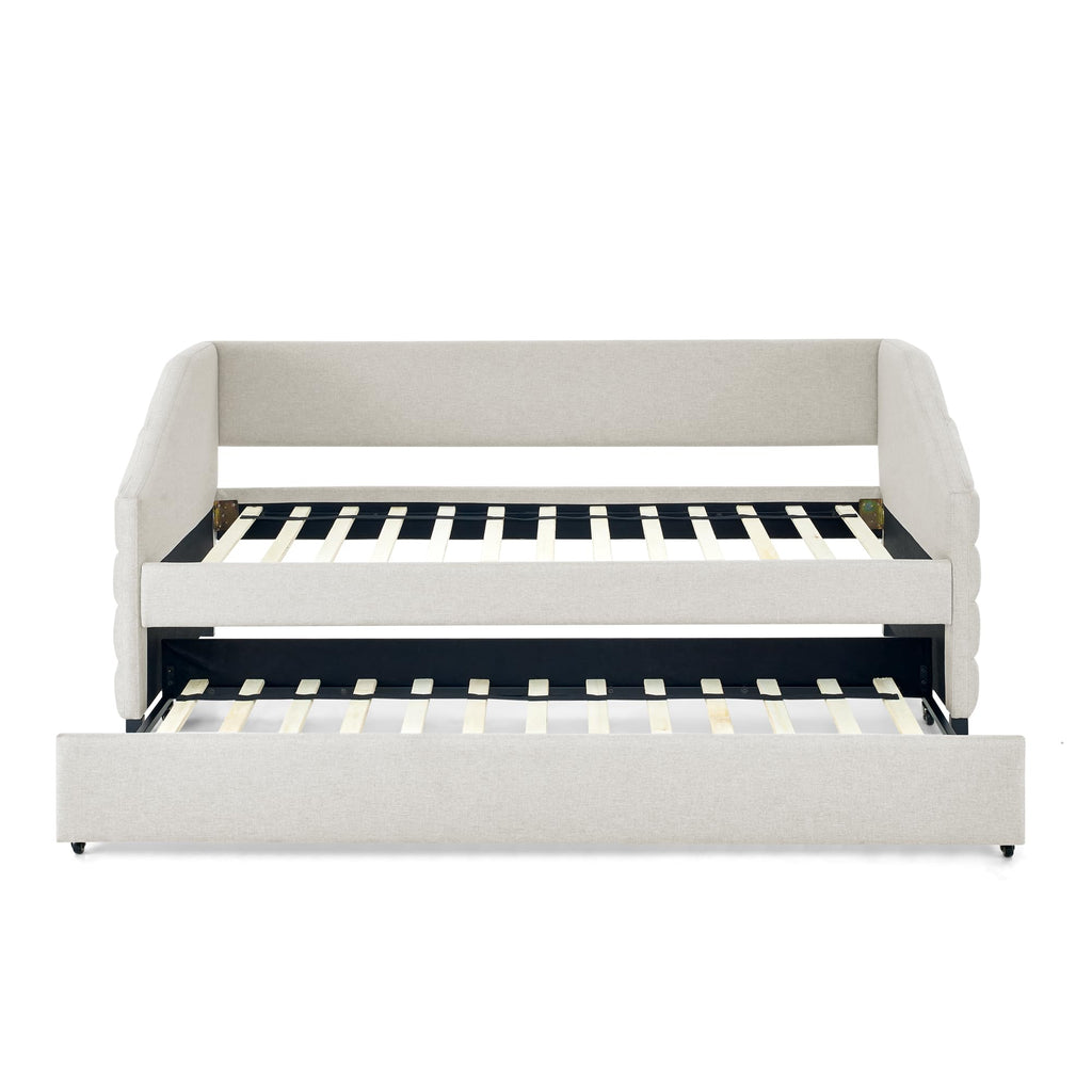 Twin Size Daybed with Trundle Upholstered Tufted Sofa Bed, Linen Fabric, Beige (82.5"x42.5"x34") YJ802