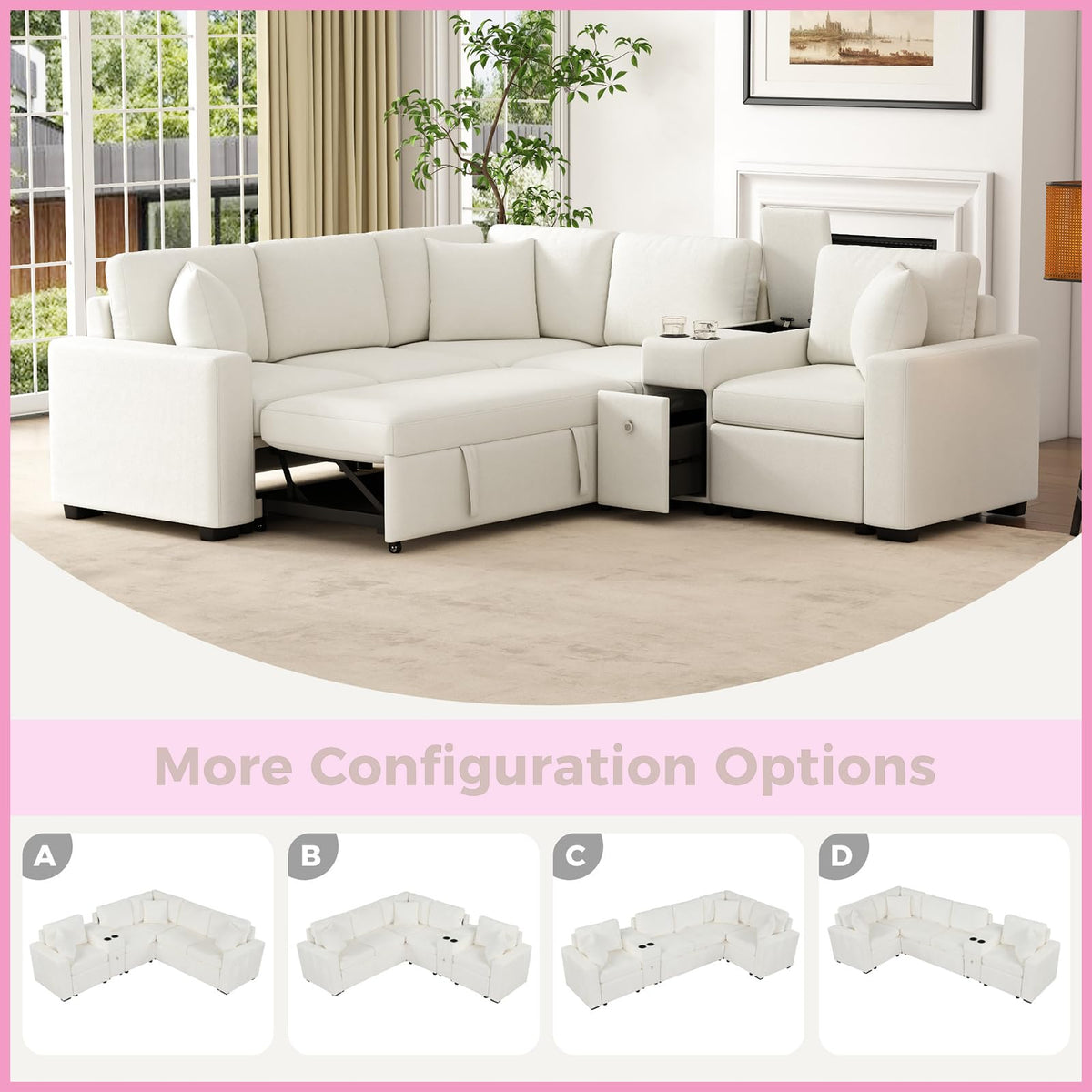 120.5" L-Shaped Modular Sectional Sofa with Cup Holders and 3 Removable Pillows Convertible Couch Bed with Pull-Out Bed and Ample Storage Space for Living Room Bedroom, White