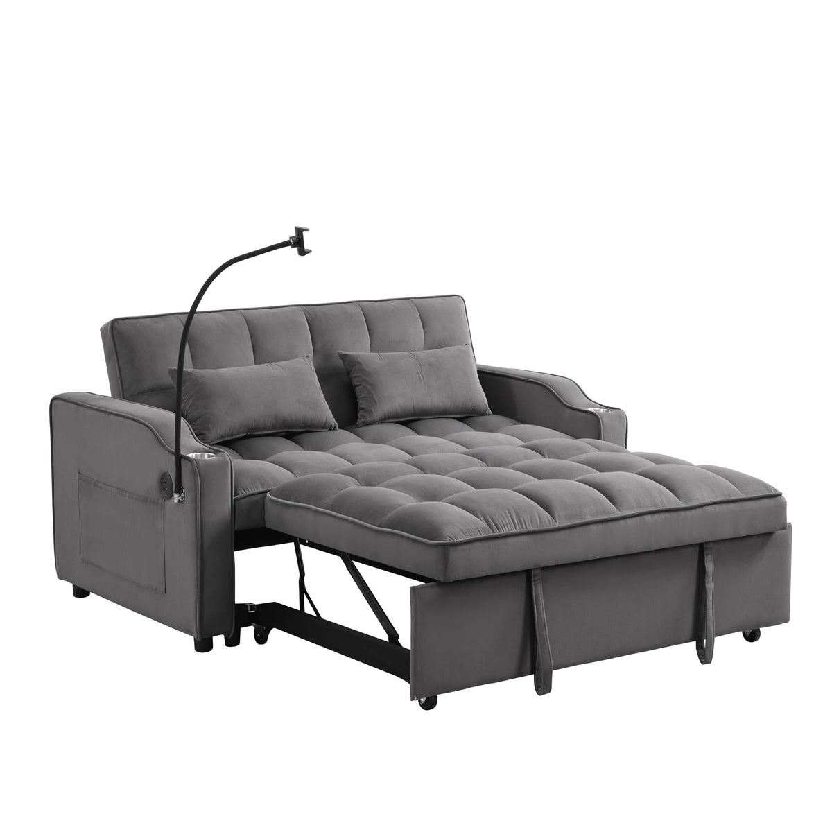 Tidyard Sofa Bed with Trundle, Dark Grey, Convertible Sleeper Couch with USB Ports & Phone Holder, 3-Position Reclining, Includes 2 Pillows, Easy Assembly
