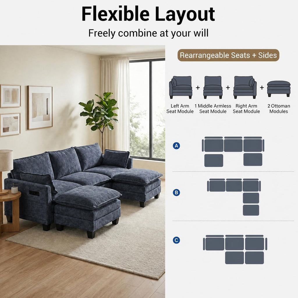 108" Modular Sectional Sofa Cloud Couch - U Shape Sofa with Charging Station Side Storage - Chenille Comfy Couches with Ottoman Movable for Living Room Bedroom Apartment Office, Blue