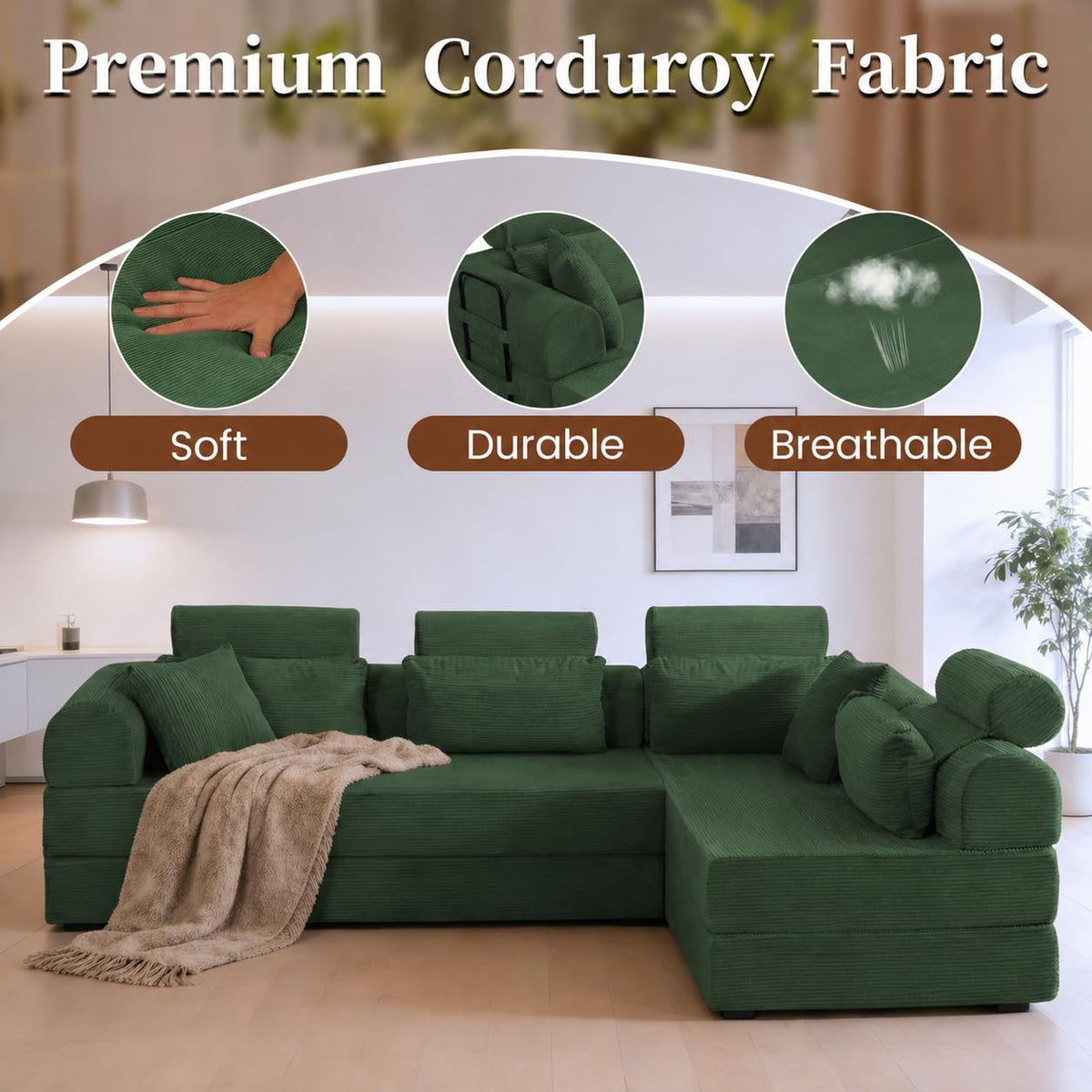106" Convertible Sleeper Sectional Sofa Bed, 4-in-1 Corduroy Boneless Couch with Fixed-Shape Frame, Modular L-Shaped Sofa with Pillows, Fold Out Floor Sofa for Living Room Apartment (Dark green)