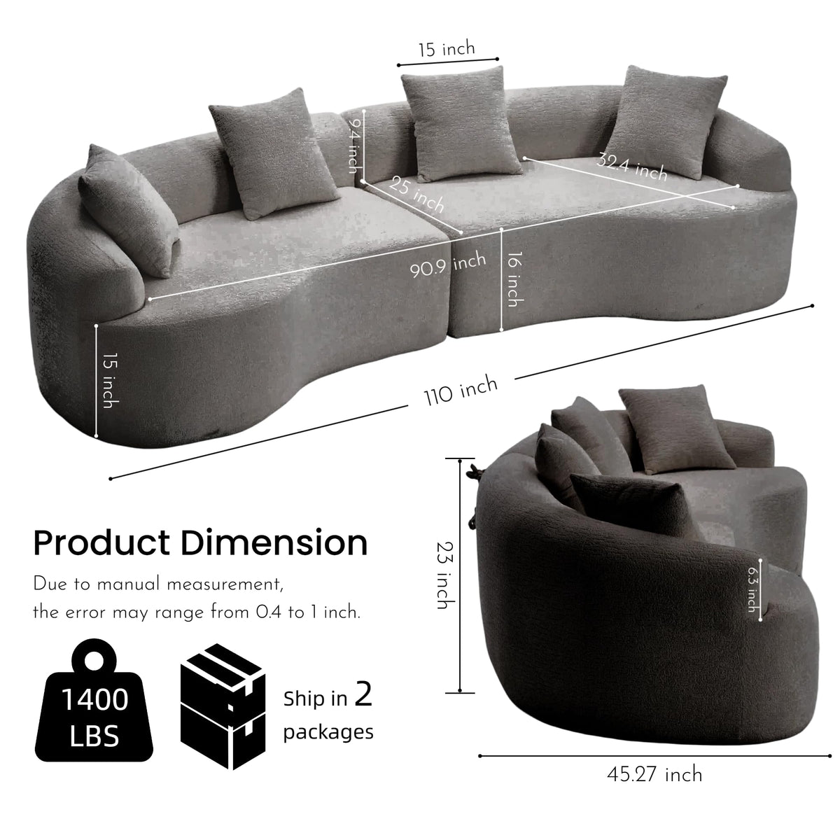 110" Oversized Cloud Sectional Sofa Modern Curved Boneless Couches for Living Room, 4-Seater Extra Deep Seat Foam Floor Compressed Couch w/Tight Backrest and 4 Pillows,Chenille Sofa & Couches