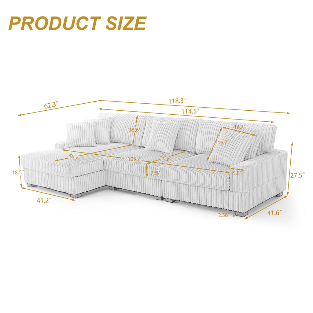 118.3" L-Shaped Modular Sectional Sofa with Chaise, Comfy Corduroy Fluffy Couch with Deep Seat, Flexible Module Combination for Living Room, Cotton Flannel Light Brown