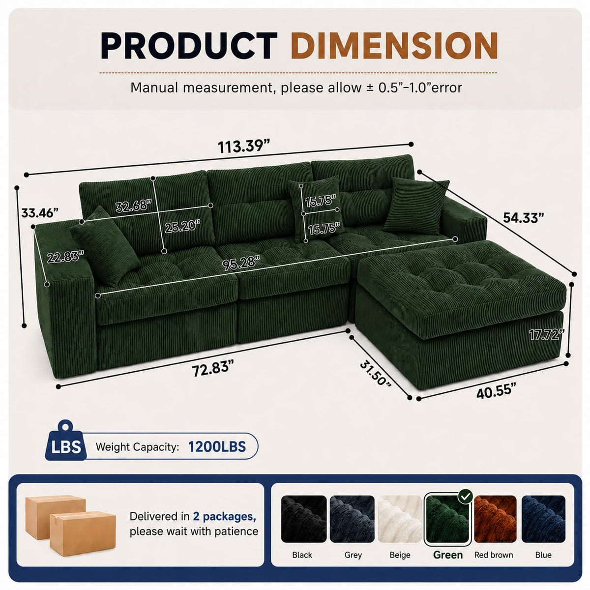 113.4 in Modular Corduroy Sectional Sofa, Green