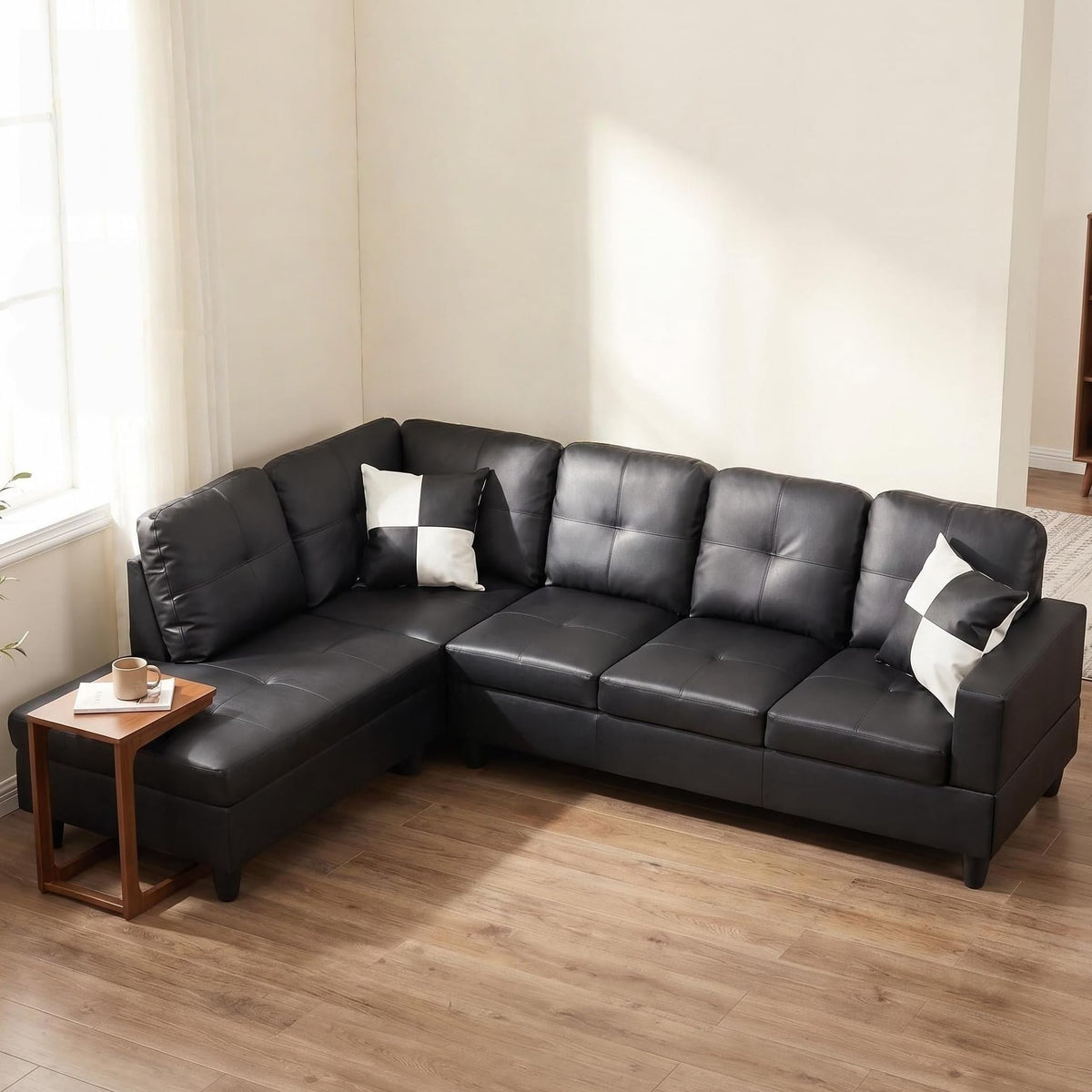 103.5" Sectional Couch with Movable Ottoman, L Shaped 4 Seater PU Faux Leather Sofa w/Chaise Lounge, Comfy Modern Modular Couch for Living Room, Apartment, White Stripes, Right, 3PCS