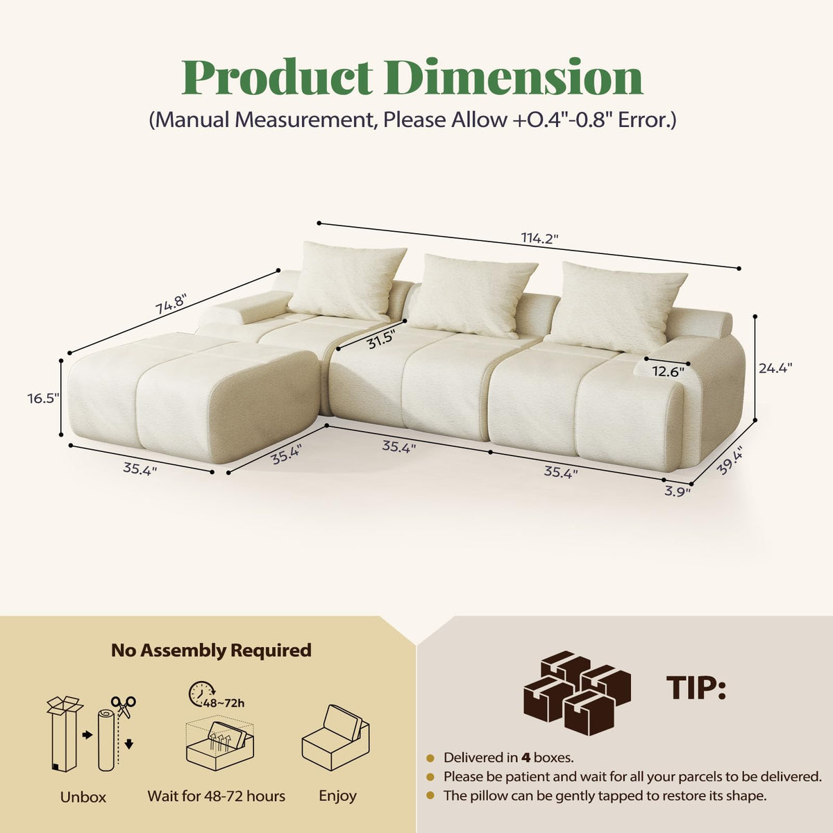 114" L Shaped Cloud-Loaf Modular Sectional Sofa, Extra Deep Seat Upholstery Cloud Couch with Ottoman, Boneless Memory Foam Couches for Living Room, Chenille Corduroy - Cream White