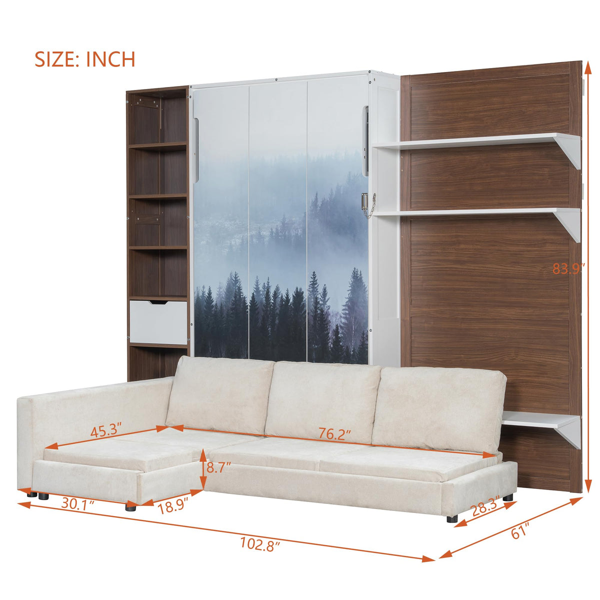 Twin Size Murphy Bed with Open Shelving, Sofa Front and Printed Panel