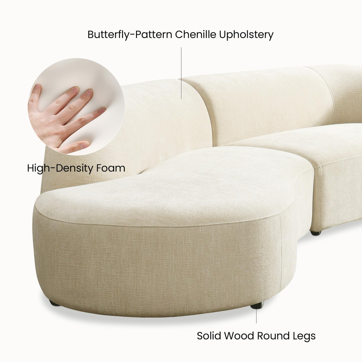 118" Left-Facing Chenille Sectional Sofa with Chaise, Modern Curved Cloud Couch, Deep Seat Upholstered Sofa with Solid Wood Frame, Organic Rounded Design for Living Room, Beige
