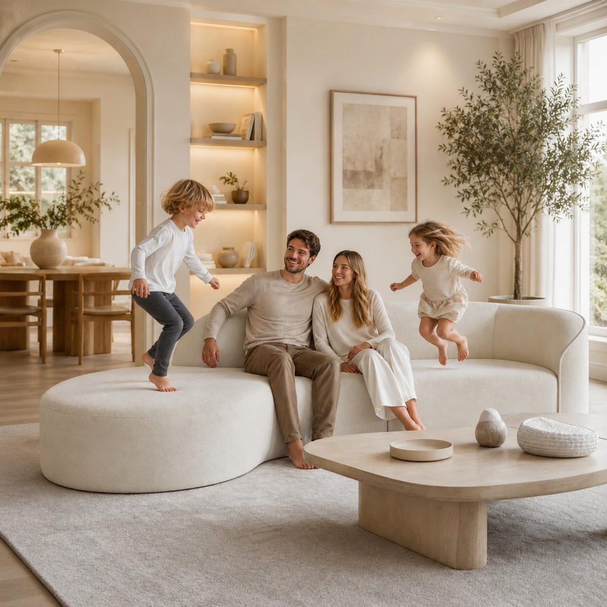 133.8" Oversized Curved Sectional Sofa, Ivory White, Left Chaise