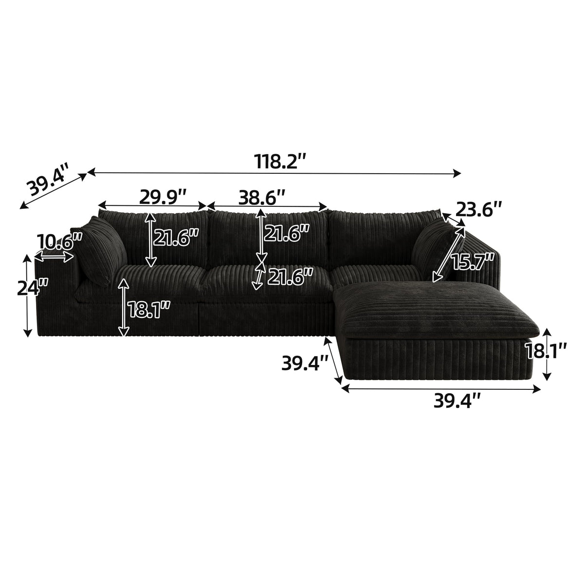 118.2" Cloud Sofa,Corduroy Fabric,Deep Seat Couches,Double Layer Design,Removable Cushion,No Assembly, DIY Combination for Living Room, Bedroom,Conference Room,Apartment,Black