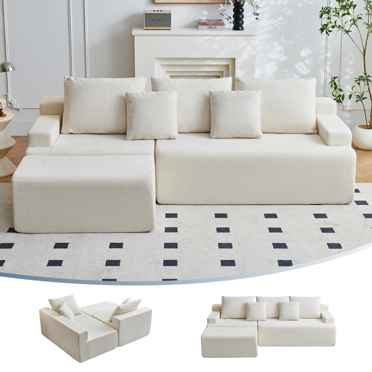115.7" L Shaped Modular Sectional Sofa with Ottoman, Cloud Boneless Couch, Upholstered Sofa in a Box, Flexible Module Combination for Living Room, No Assembly, Grey