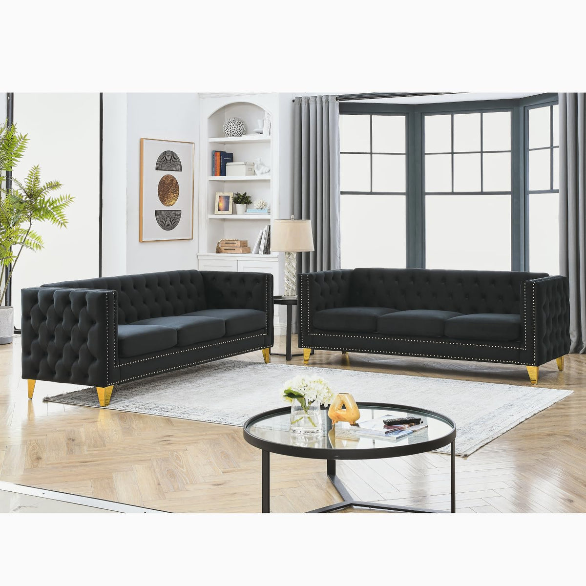 Velvet Sofa for Living Room Black Classic Chesterfield Room, Bedroom, Office Elegant