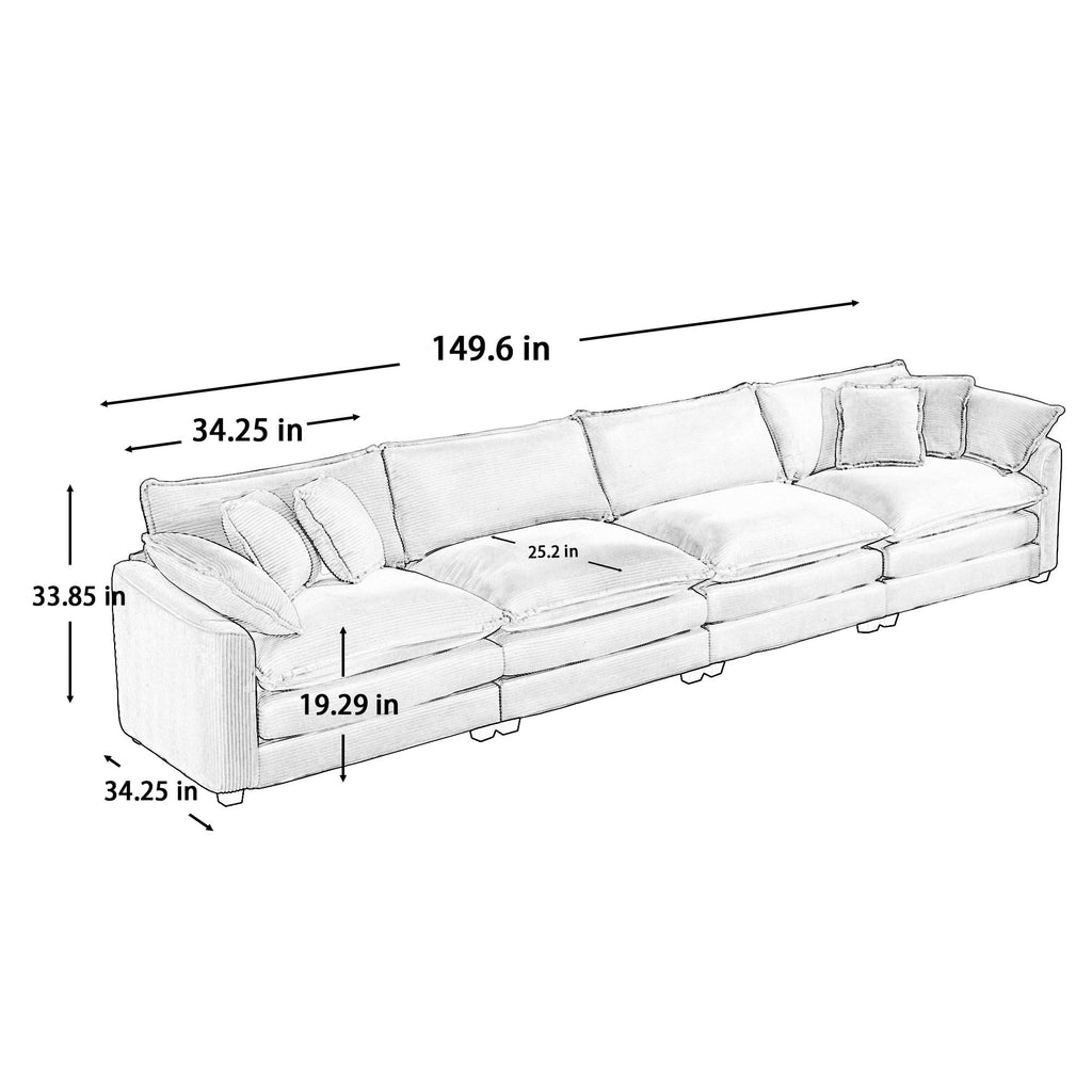 Upholstered 4 Seater Fabric Sofa with Comfortable Back Cushions, Seat Cushions and Pillows, Light Beige Corduroy Sofa, TM388
