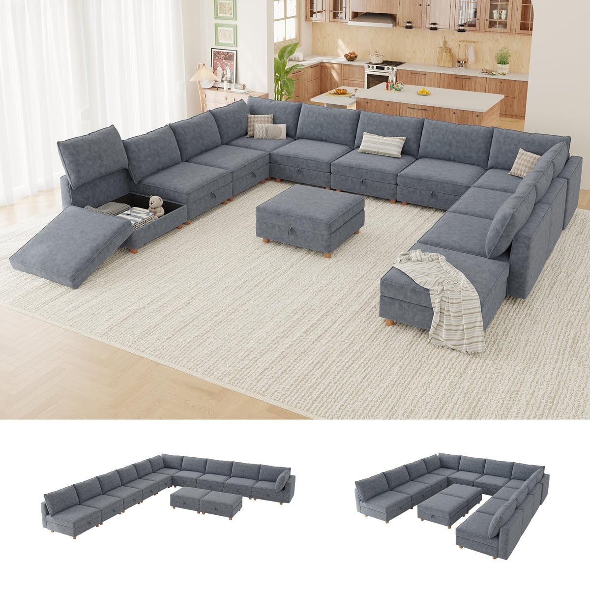127'' Modular Sectional Sofa,FSC Certified 6 Seater Sectional Sofa,Chenille Couch with Removable Washable Covers,Modern Couch with Ottoman,U Shaped Couch with Storage,Beige Couches for Living Room