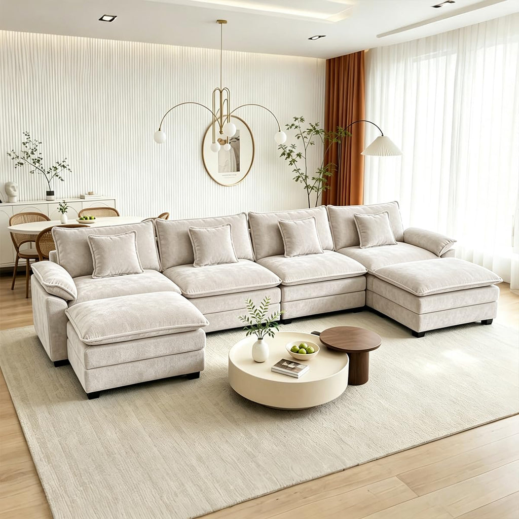119" Cloud Couch Sectional, L Shaped Modular Sectional Sofa for Living Room, 3 Seater Sofa with 3 Removable Washable Pillows and 1 Ottoman, Light Gray