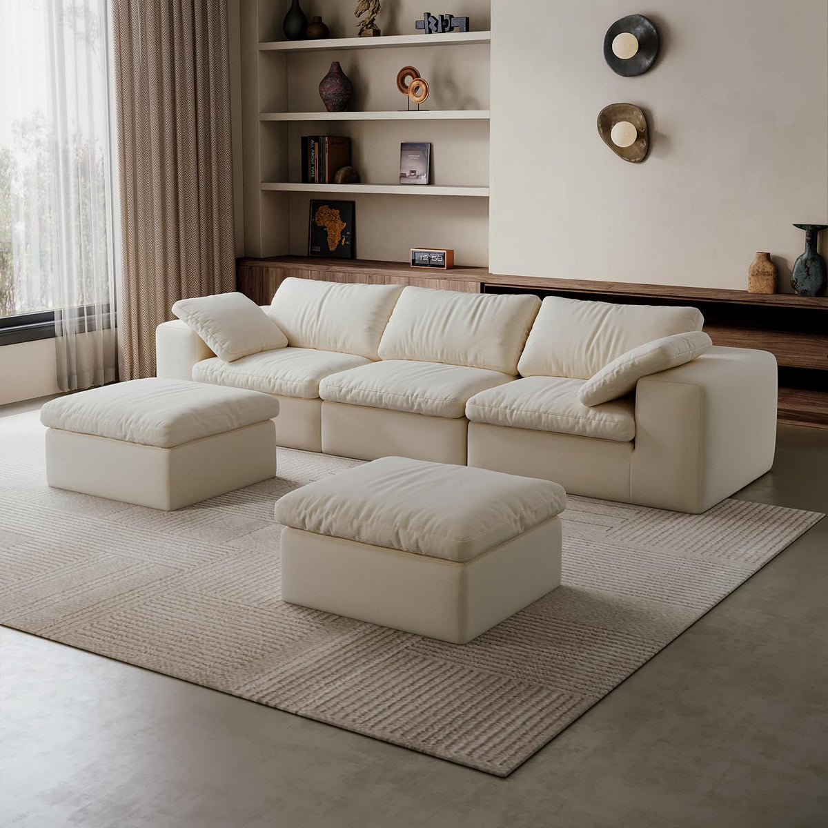 118'' Modular Cloud Couch, 3-Seater Boneless Sectional Sofa with 2 Ottoman