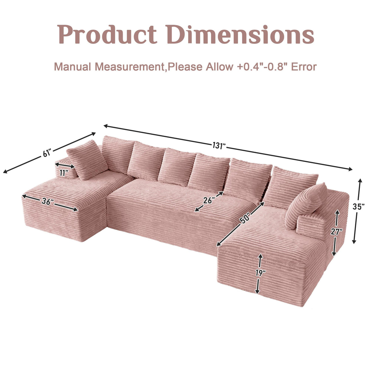 131" Oversized Cloud‑Style Boneless Sofa, Pink
