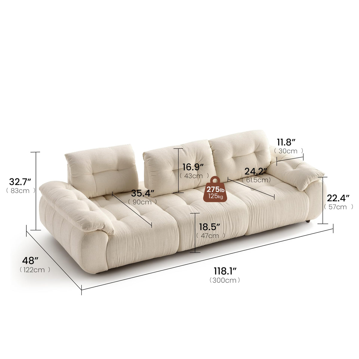118" Modular Sectional Sofa, Cloud Chenille Couch with Adjustable Back Cushions, Deep Seat Living Room Sofa, Solid Wood Frame, Oversized 3-Seater Sectional for Home & Apartment, Beige