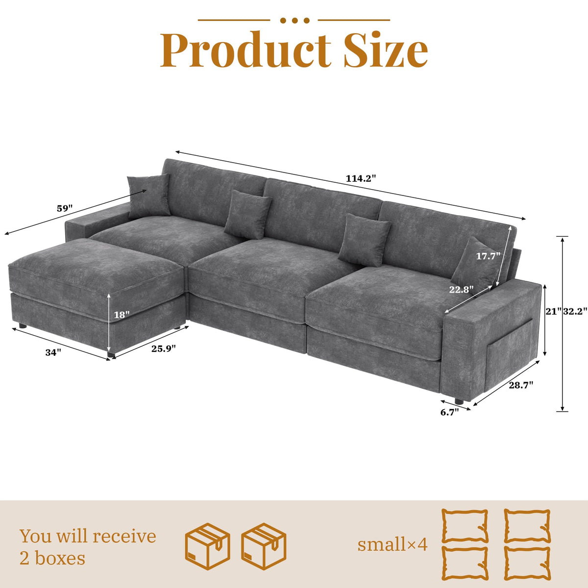 Vipbear 114" Modular Sectional L Shaped Sofa Couches,for Living Room,Oversized Cloud Couch with Movable Ottoman,Comfy Chenille Sofa with Pillow,Side Pockets,Bedroom,Apartment,Dark Gray