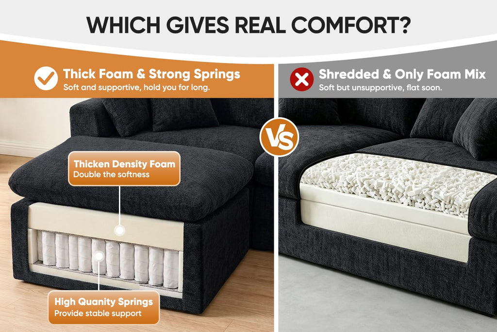 127" Cloud Sofa, U-Shape 3-Seater Modular Couch with 2 Ottomans, Black