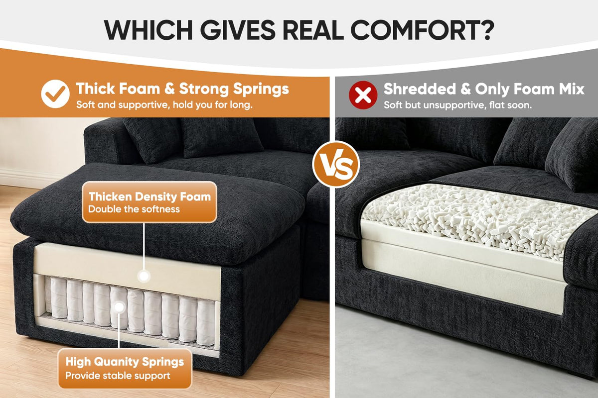 127" Cloud Sofa, U-Shape 3-Seater Modular Couch with 2 Ottomans, Black