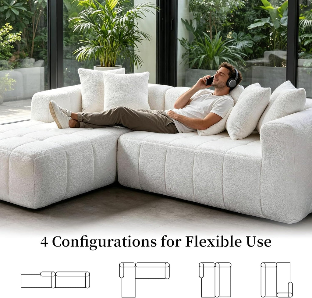 108 Inch Oversized Modular Sectional Sofa, L-Shaped Floor Couch with Extra Deep Seats, Modern Minimalist Upholstered Sofa, No Assembly Sofa Couch for Living Room, Bedroom, Apartment (Right-White)
