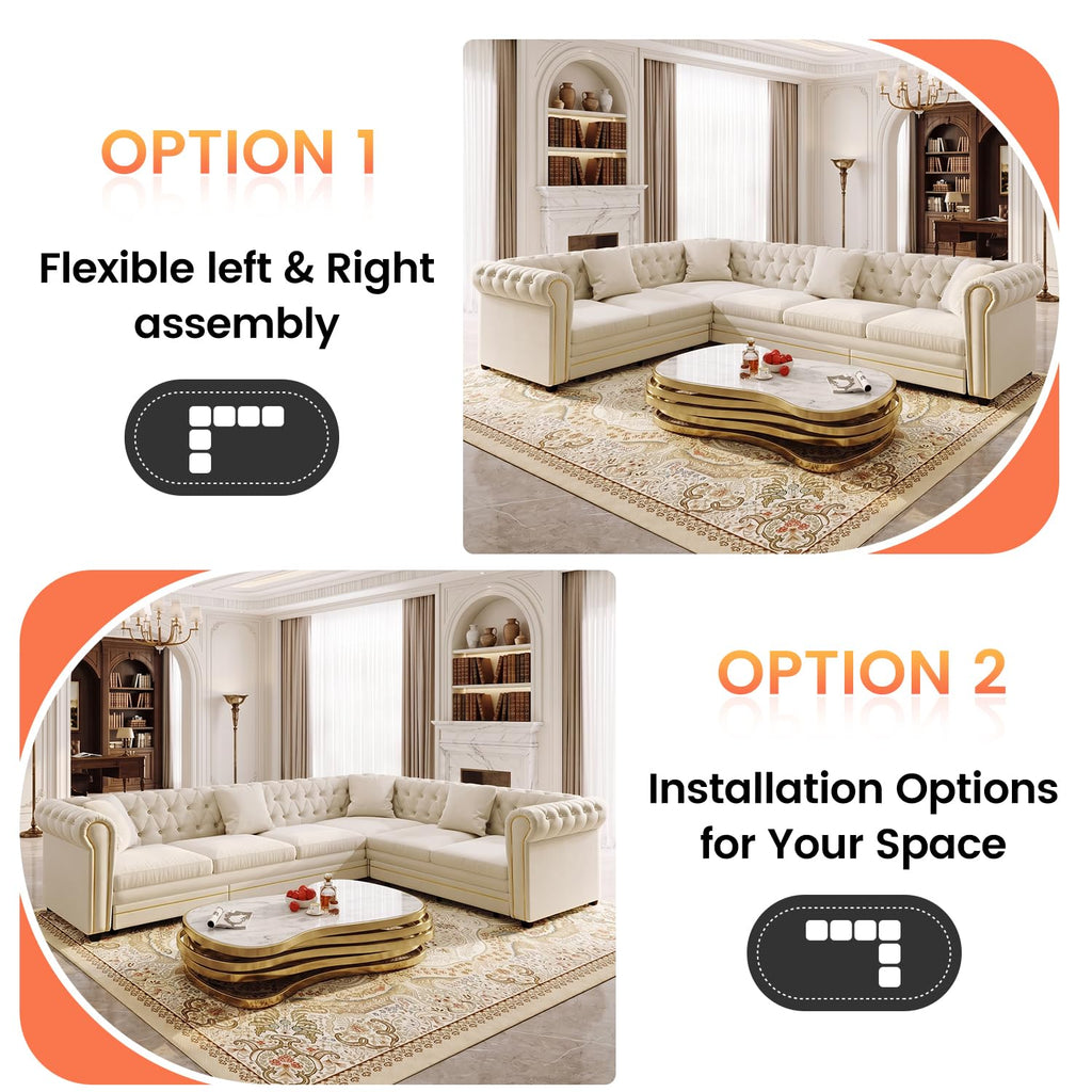 115.3" L-shaped Couch with Pull Out Sofa Bed, Velvet Couch Gold Trim, Beige