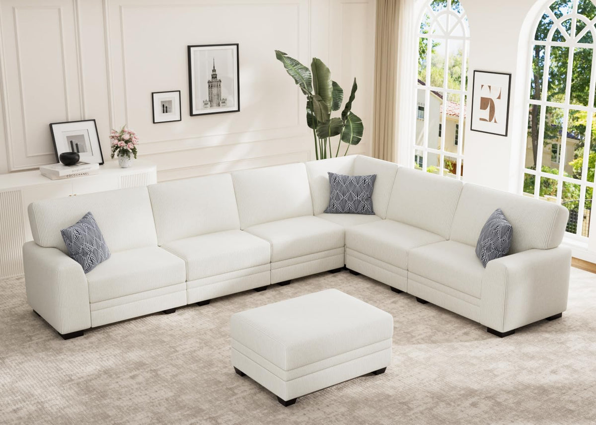 Wanderwell Oversized Modular Sectional Sofa, 6-Seater U Shaped Couches with Movable Ottoman,Corduroy Sectional Couch with Wide and Deep Seats Suitable for Living Room,Bedroom,Apartment (Olive, L-7)