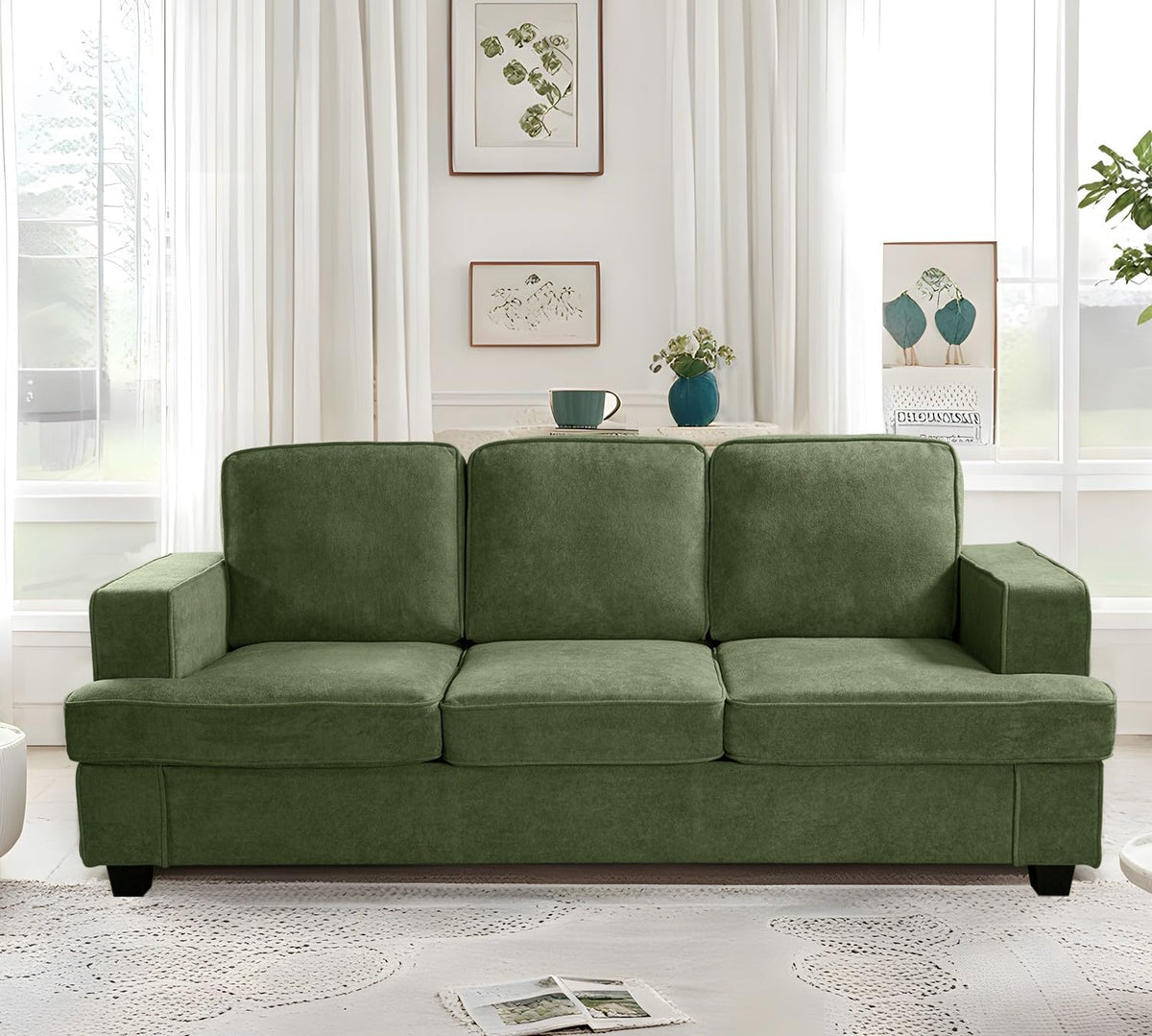 Velvet Sofa, Comfortable 3 Seater Couch with Deep Seating and High Density Foam, Loose Back Cushions, Wide Arms, Livingfor Home, Apartment, Office, Green