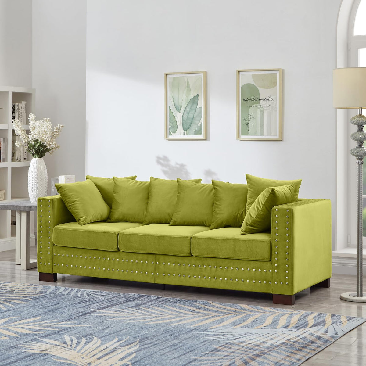 Velvet Upholstered Living Room Sofa with Square Armrest and Storage Green